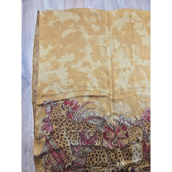 Salvatore Ferragamo Silk Scar Leopard Floral Brown Rectangle Scarf Rolled Hem - Picture 6 of 13